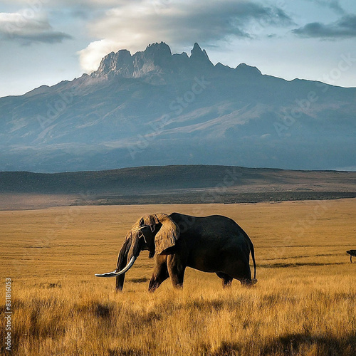 ここはアフリカ、ケニア山のふもと、象がいる風景 photo