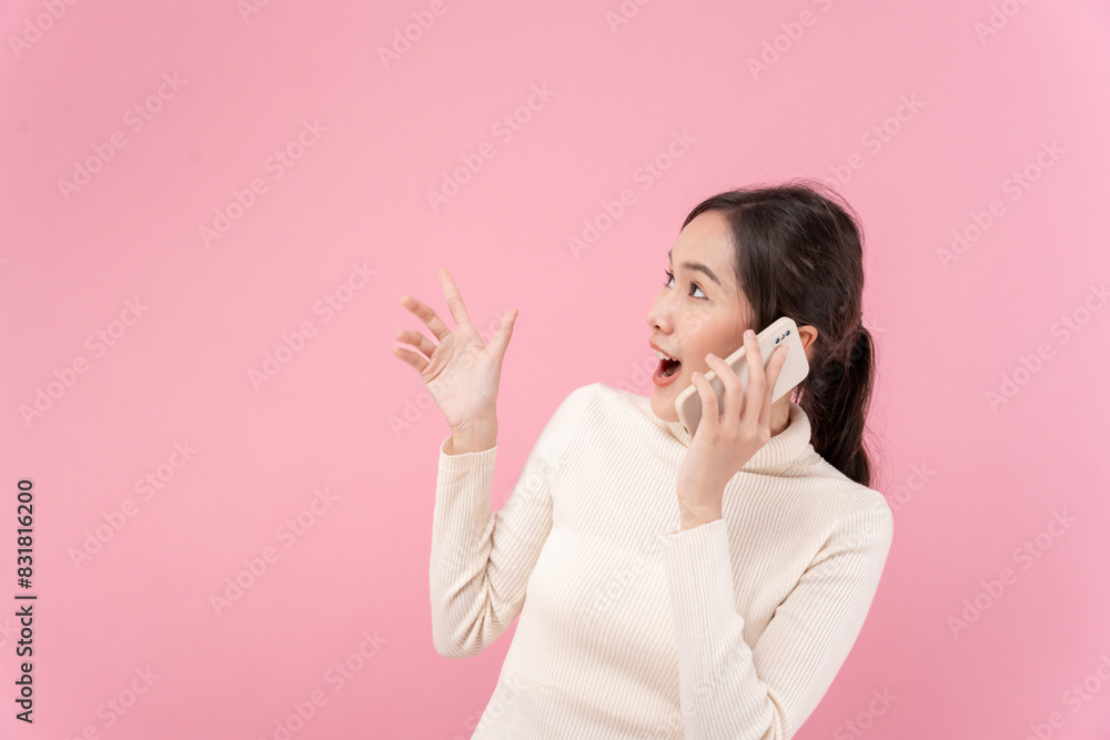 Asian beautiful woman exited surprise face expression . female feels shocked. exciting smile and happy adorable rejoices. Very enjoy and fun relax time. wow, girl holding smartphone. Smile. Asian beautiful woman exited surprise face expression . female feels shocked. exciting smile and happy adorable rejoices. Very enjoy and fun relax time. wow, girl holding smartphone. Smile.