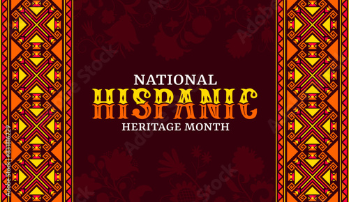 Orange and red ethic ornament on national Hispanic heritage month banner. Hispanic heritage month festival background, Latin America culture carnival vector flyer or banner with geometric ornaments