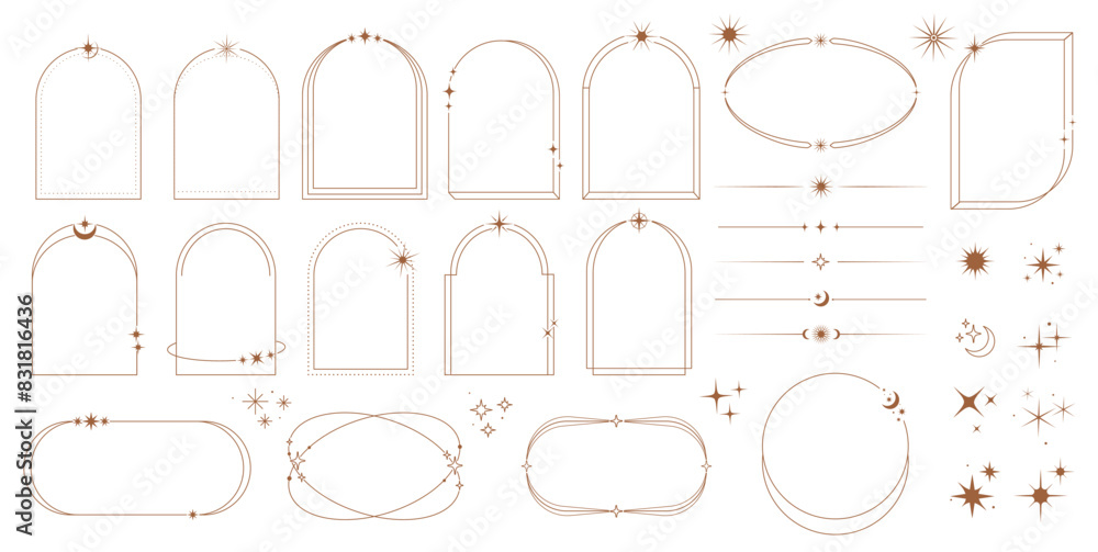 Celestial frame, arch and border, y2k vector bohemian style arcs, shapes, dividers with stars, moons, sparks and twinkles. Golden linear boho frames set in trendy modern minimal linear magical style