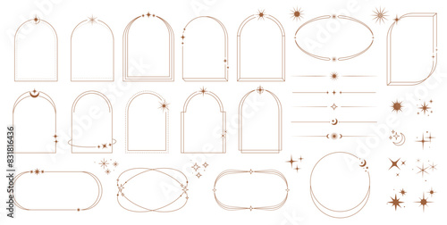 Celestial frame, arch and border, y2k vector bohemian style arcs, shapes, dividers with stars, moons, sparks and twinkles. Golden linear boho frames set in trendy modern minimal linear magical style
