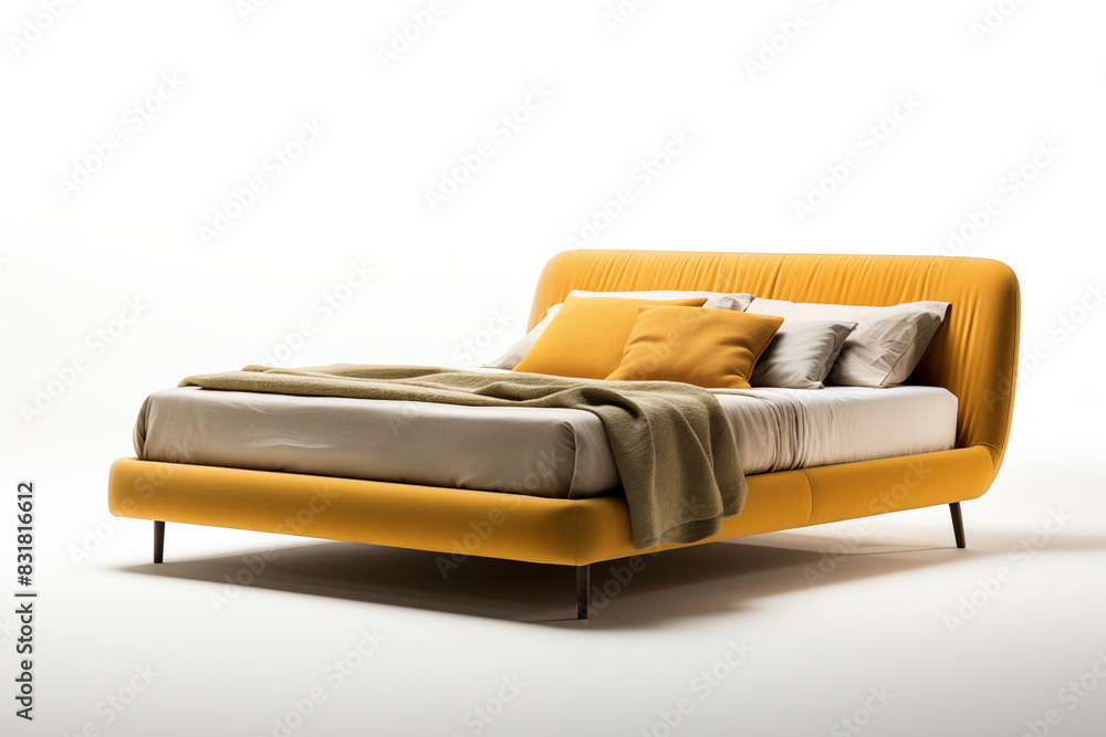 A stylish yellow bed with a comfortable mattress and pillows A stylish yellow bed with a comfortable mattress and pillows
