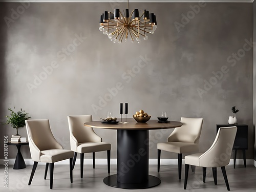  Dining room in light ivory colors. Beige and taupe with black details. Golden accent table. Minimalistic room with texture plaster microcement walls. Menu template or mockup invitation. 3d rendering 