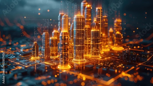 Futuristic digital cityscape with glowing orange skyscrapers on a circuit board  representing technology and innovation concepts.