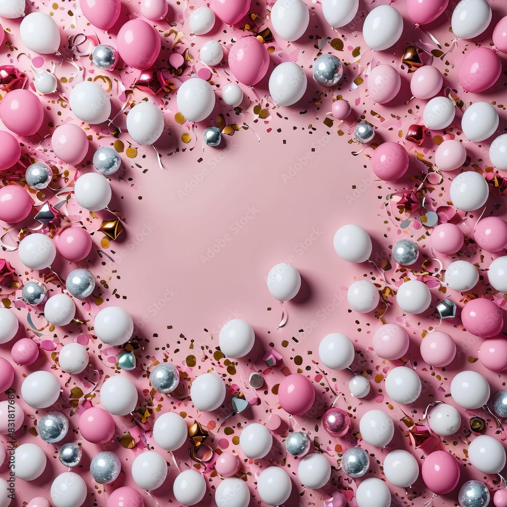 Background with balloons, pink and white balls. Generation by AI Background with balloons, pink and white balls. Generation by AI