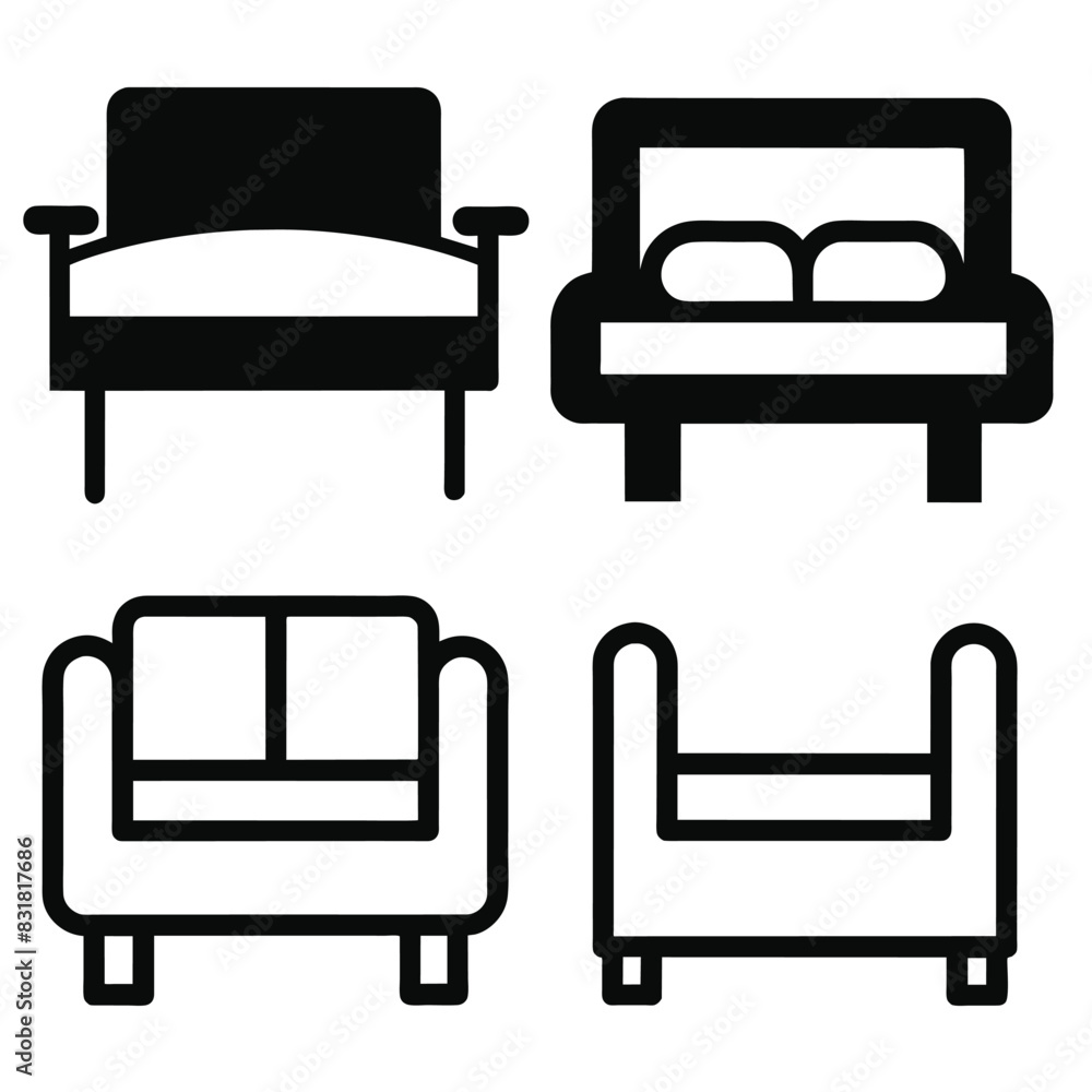 Set of Solid black outline bed icon, sleep vector, couch design