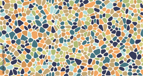 Pebble stone pattern or gravel mosaic background for tile or pavement, vector texture. Color ceramic gravel stones pattern or cobblestone and pebble tile pavement of abstract shape irregular fragments