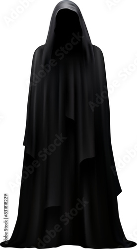Realistic death hood, scary black robe. Isolated 3d vector eerie hooded grim reaper Halloween figure, cloaked in a dark, long, flowing gown, embodying essence of death, mystery, horror and anonymity