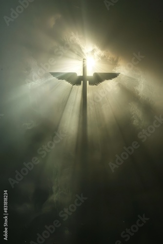 Religious decorative paintings, crosses and angel wings, before the transparent Dundar effect, sunlight through the thin fog, creating a soft divine illumination, photo