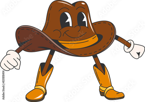 Cartoon retro groovy wild west cowboy hat character. Isolated vector whimsical, wild west brown cowpuncher cap personage with a friendly face, white gloves and western boots standing in a dynamic pose