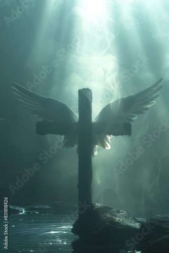 Religious decorative paintings, crosses and angel wings, before the transparent Dundar effect, sunlight through the thin fog, creating a soft divine illumination, photo