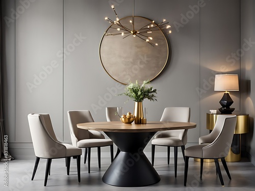  Dining room in light ivory colors. Beige and taupe with black details. Golden accent table. Minimalistic room with texture plaster microcement walls. Menu template or mockup invitation. 3d rendering 