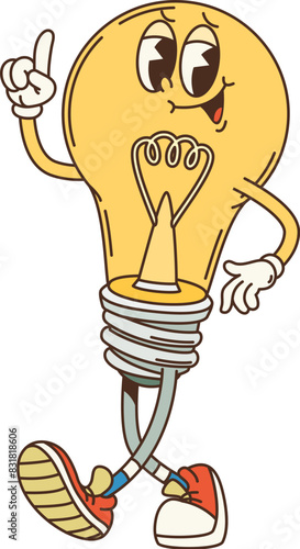 Retro groovy light bulb character. Isolated cartoon vector playful yellow lamp personage with sneakers and a raised hand, embodying a bright idea, creativity and cheerful energy in a vintage style