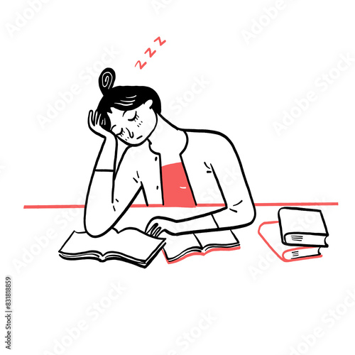 Fotografia Tired sleepy woman student fall asleep on table break from studying exam preparation concept