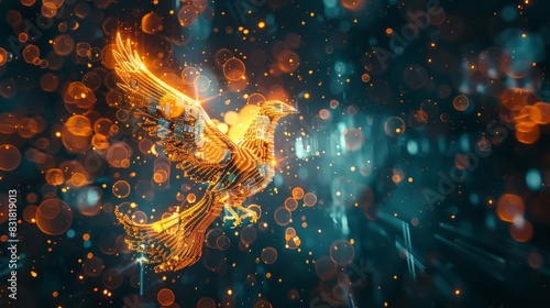 A 3D rendering of a phoenix constructed entirely of digital currency symbols and graphs showcasing the revolutionary potential of digital coins. photo
