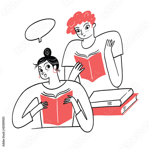 Pretty girls spend time read book together.