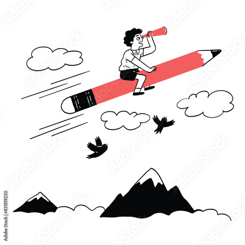 Back to school concept and little boy sitting on pencil is flying in the sky.