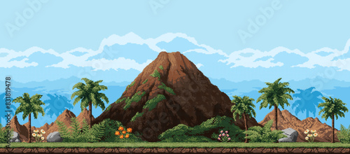 Volcano and mountains 8 bit pixel art game landscape. Prehistoric or tropical nature, cartoon vector volcanic background with palm trees and rocks under cloudy sky. Jurassic era, Earth evolution level