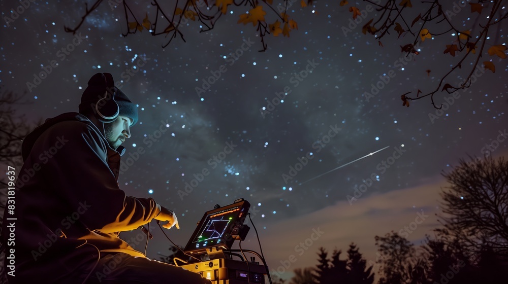 A creative ham radio enthusiast contacts via satellite under a starry sky, showcasing human ingenuity and technology.