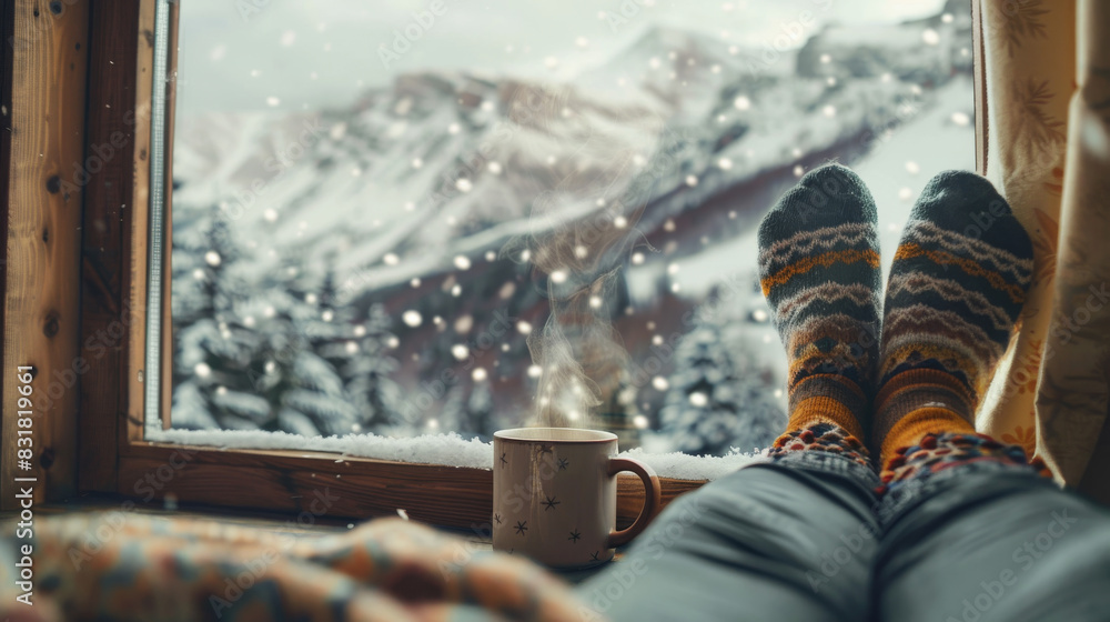 People feet with a hot beverage cup next to a window showing a winter colors landscape People feet with a hot beverage cup next to a window showing a winter colors landscape