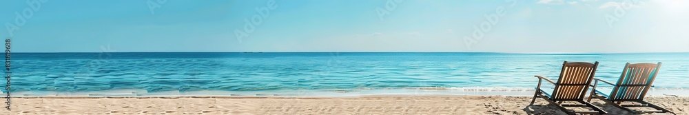 Tranquil beach with two chairs facing calm sea under clear sky. Tranquil beach with two chairs facing calm sea under clear sky.