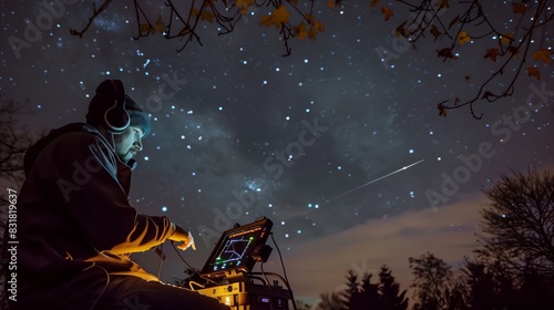 Obraz na płótnie A creative ham radio enthusiast contacts via satellite under a starry sky, showcasing human ingenuity and technology. w salonie
