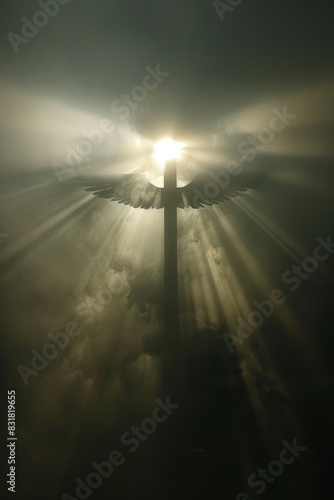 Religious decorative paintings, crosses and angel wings, before the transparent Dundar effect, sunlight through the thin fog, creating a soft divine illumination, photo