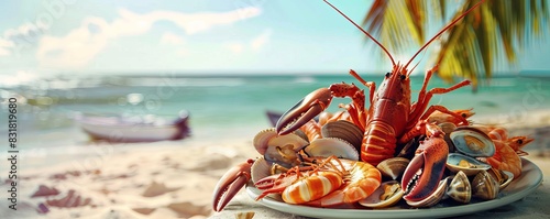 Seafood on the beach. There are fresh seafood dishes, including lobsters and various types of shellfish, with coconut leaves in the background