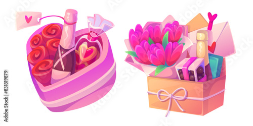 Sweet gift boxes set isolated on white background. Vector cartoon illustration of heart shape and square package with bunches of flowers, candies, alcohol bottles, romantic Valentine Day present