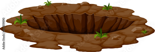 Ground hole, deep dirty pit and burrow. Natural gap surrounded by grass, cracks and stones. Wild animal den or a result of soil erosion. Isolated cartoon vector quarry, fractured land, break or split