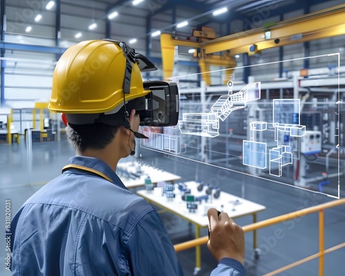 Illustration of Using AR and VR for training, maintenance, and design visualization in industrial environments. Ai Generate.