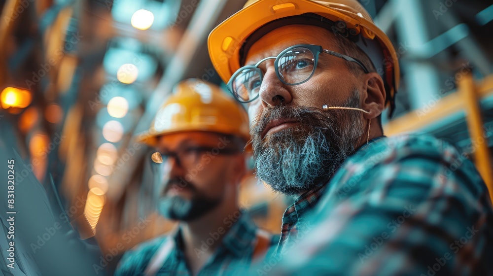 Two industrial engineers in hard hats working attentively on a project in a high-tech facility, focusing on innovation and technology. Two industrial engineers in hard hats working attentively on a project in a high-tech facility, focusing on innovation and technology.