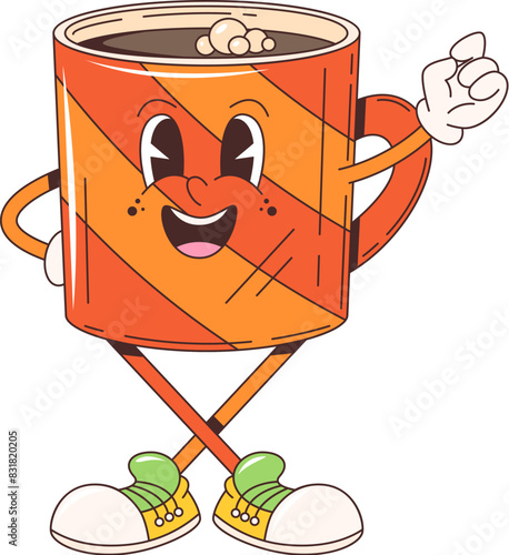 Groovy retro cartoon coffee cup character with funky happy smile on face, vector 70s art. Groovy cartoon funny coffee cup or hot chocolate mug for morning drink and happy positive vibes emoji