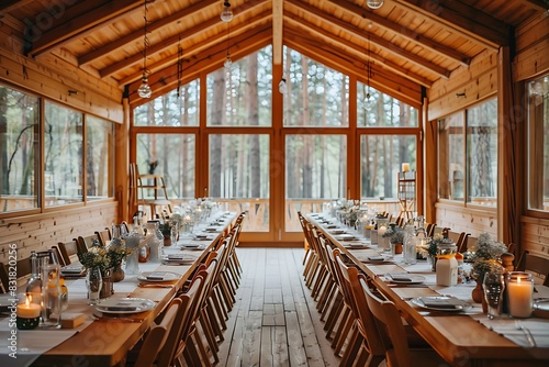 wedding reception banquet in wooden hall photo