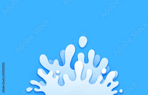 Paper cut water or milk splash. 3d vector white paint or yoghurt ripple on blue background in a papercut style, symbolizing creativity and fluidity. Natural drink, beverage, dessert liquid splashing