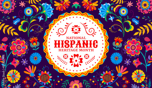 Tropical flowers pattern, national hispanic heritage month banner. Mexican and Spanish national carnival banner, Hispanic heritage month festival vector background or poster with colorful flowers