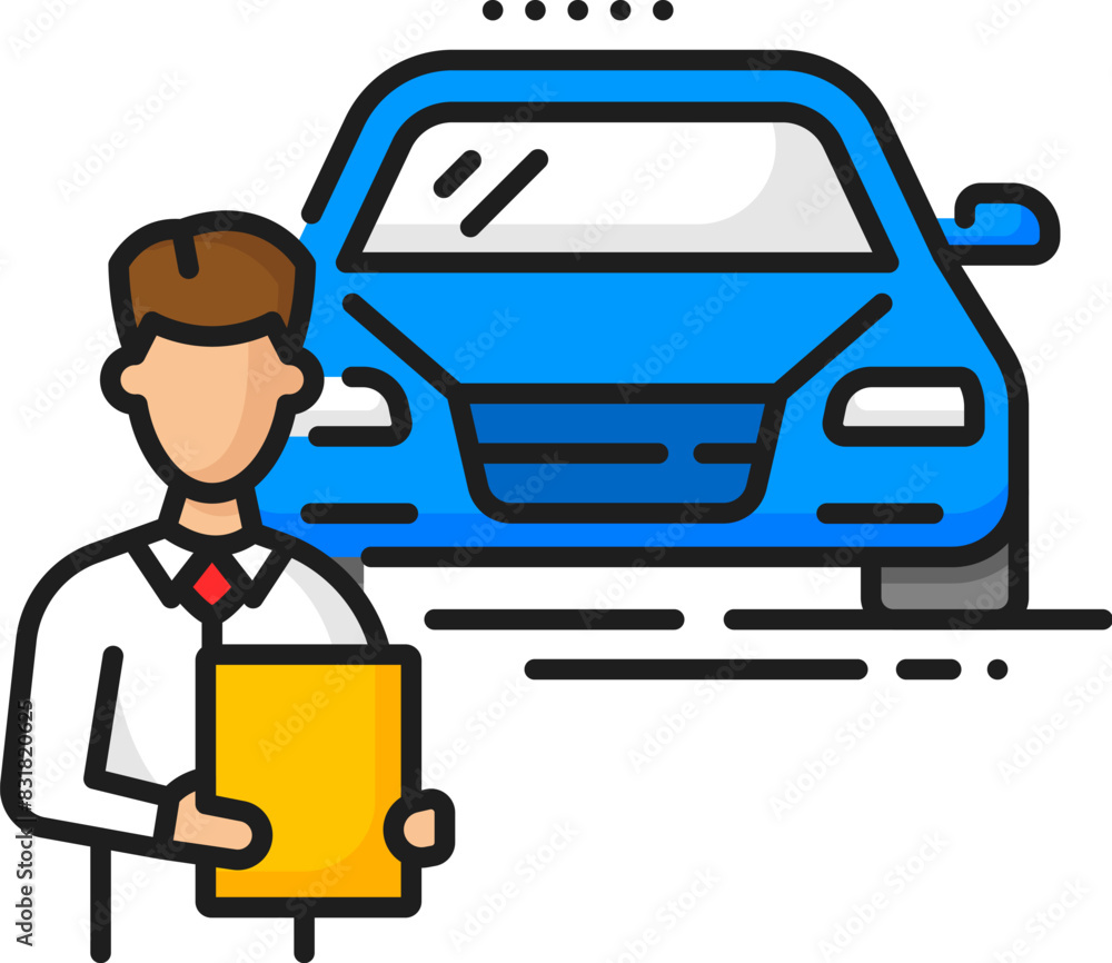 Car company, dealership seller, auto dealer outline icon. Car sale center, auto dealer or automobile lease salon thin line vector sign. Vehicle official distributor linear symbol with seller character Car company, dealership seller, auto dealer outline icon. Car sale center, auto dealer or automobile lease salon thin line vector sign. Vehicle official distributor linear symbol with seller character