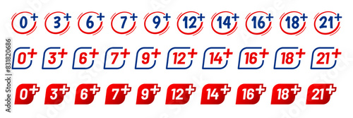 Under age signs isolated vector restriction icon set. 0, 3, 6, 7, 9, 12, 14 and 16, 18 or 21 plus years old. Sensitive content for kids and adults only symbols. Alert for viewers, internet protection