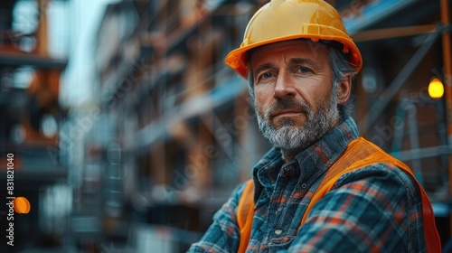 Portrait of a confident construction worker in a hard hat and reflective vest, standing at a construction site.