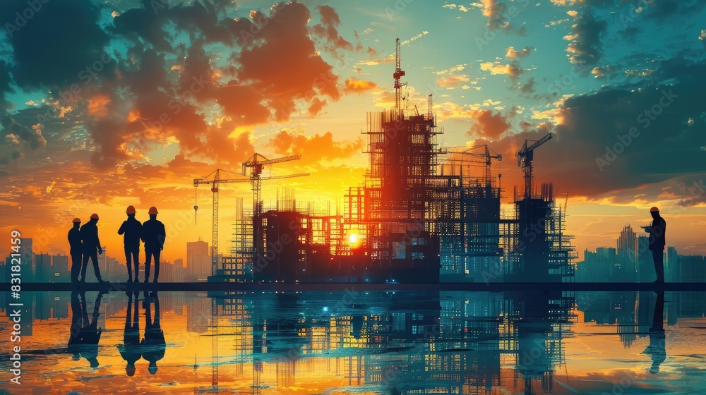 Silhouetted construction workers at a building site at sunset with cranes and reflections in water, capturing the essence of urban development. Silhouetted construction workers at a building site at sunset with cranes and reflections in water, capturing the essence of urban development.
