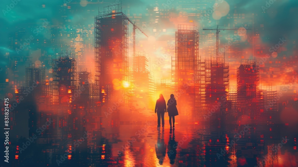 Obraz premium Silhouettes of two people walking towards a futuristic cityscape with vibrant sunset colors and abstract light effects.