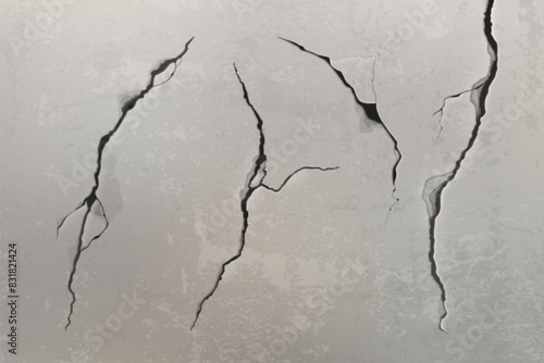 Cracked concrete wall texture. Vector realistic illustration of ground fracture after earthquake, abstract black hole in cement wall, grungy interior design element, old building ruin, damaged stone
