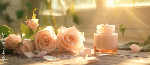 organic cream jar with rose organic aromatherapy and natural skincare concept background