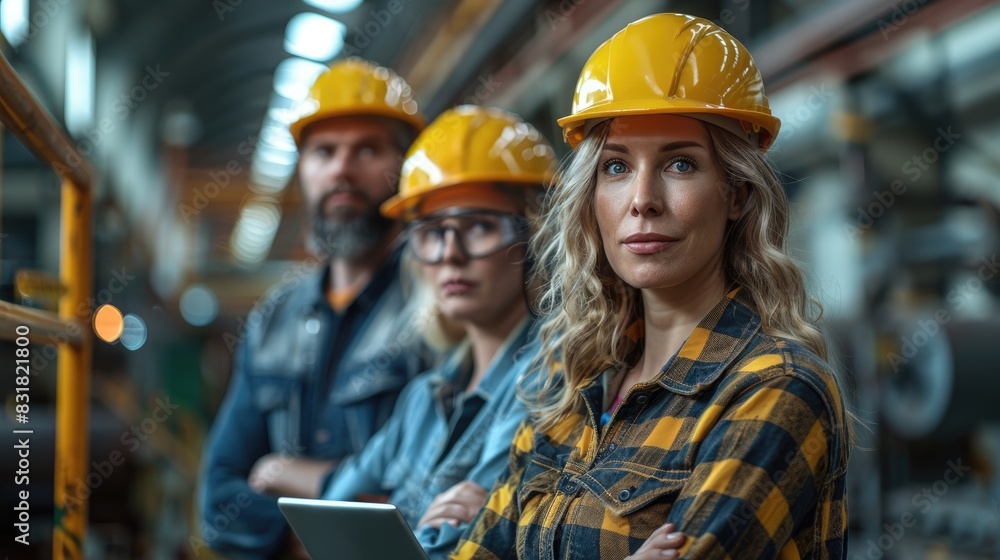 Team of confident engineers and factory workers wearing hard hats, standing in an industrial setting, expressing determination and teamwork. Team of confident engineers and factory workers wearing hard hats, standing in an industrial setting, expressing determination and teamwork.