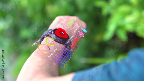 Senior man using AI smartwatch with futuristic hologram infographic display, hi-tech medical watch technology for diagnosis physical health condition, retire elderly doing exercise scanning heart rate