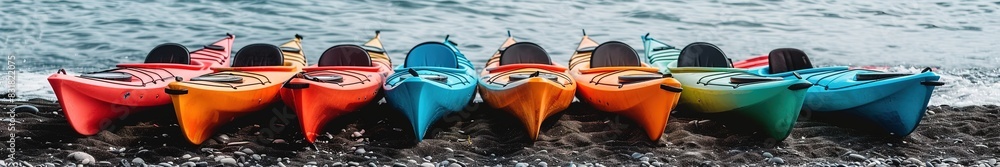Colorful kayaks lined up on a pebble beach with water backdrop Colorful kayaks lined up on a pebble beach with water backdrop