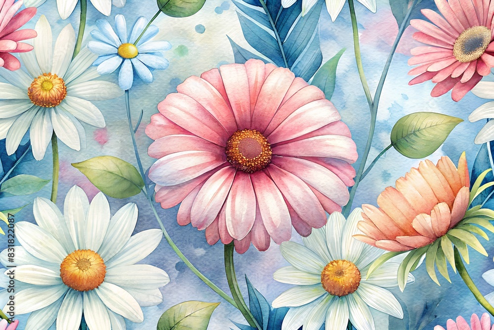 Botanical background with daisies and gerberas
