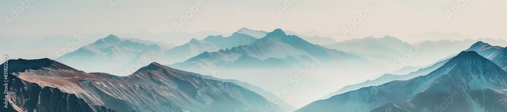 Misty mountains with layered peaks in tranquil hues. Misty mountains with layered peaks in tranquil hues.
