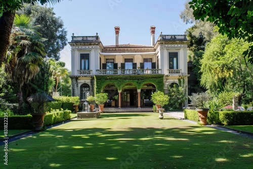 Elegant villa with lush garden and classical architecture, featuring large columns and manicured landscaping on a sunny day. © nattapon98
