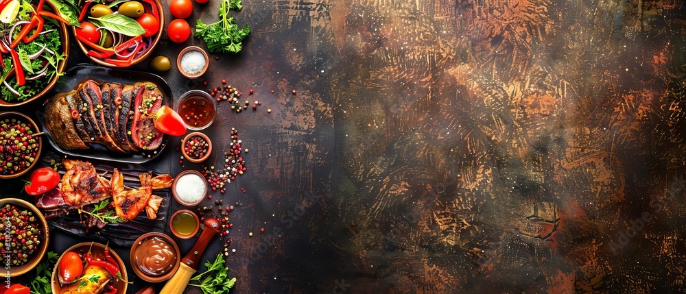 Top view of a delicious grilled steak platter with various side dishes and sauces on a rustic background. Copy space to the right. Top view of a delicious grilled steak platter with various side dishes and sauces on a rustic background. Copy space to the right.